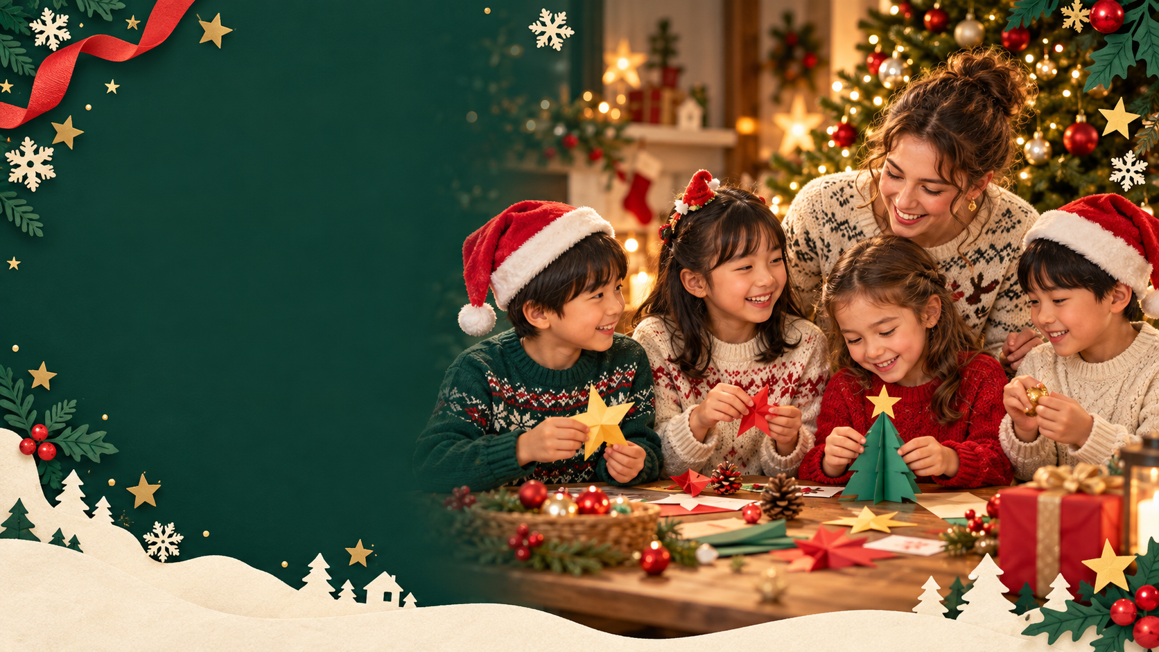 クリスマスの飾りづくりを楽しむ子どもたちと先生のイメージ